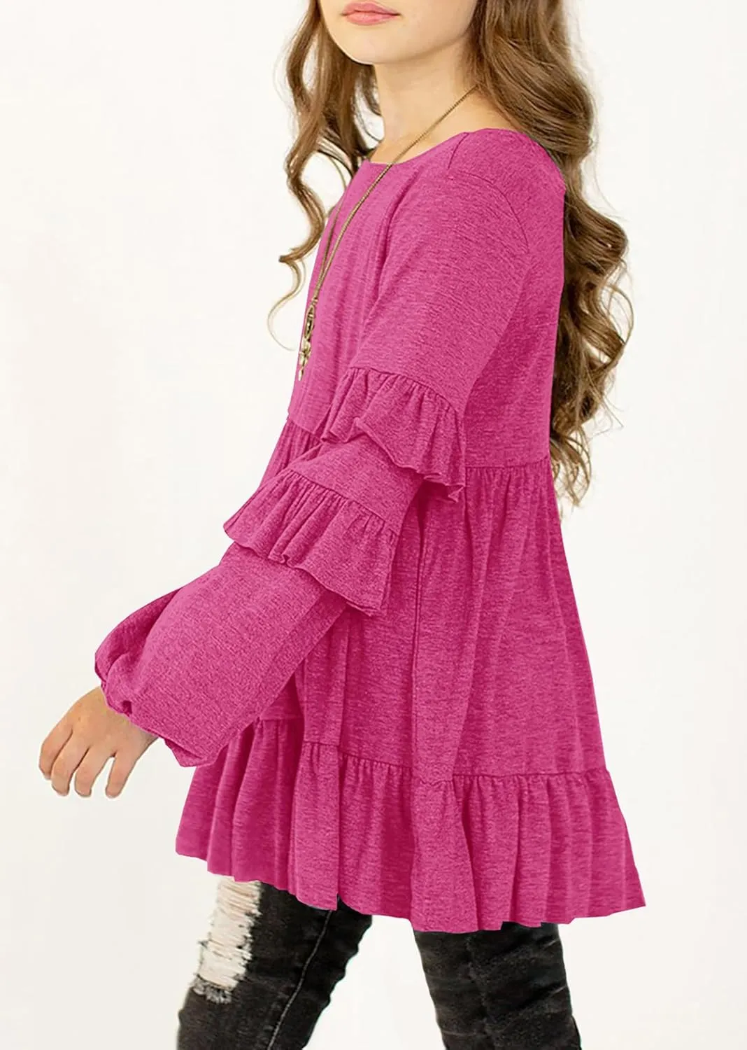 MITILLY Girls Crewneck Ruffle Long Sleeve Loose Pleated Babydoll Blouse Tops with Pockets