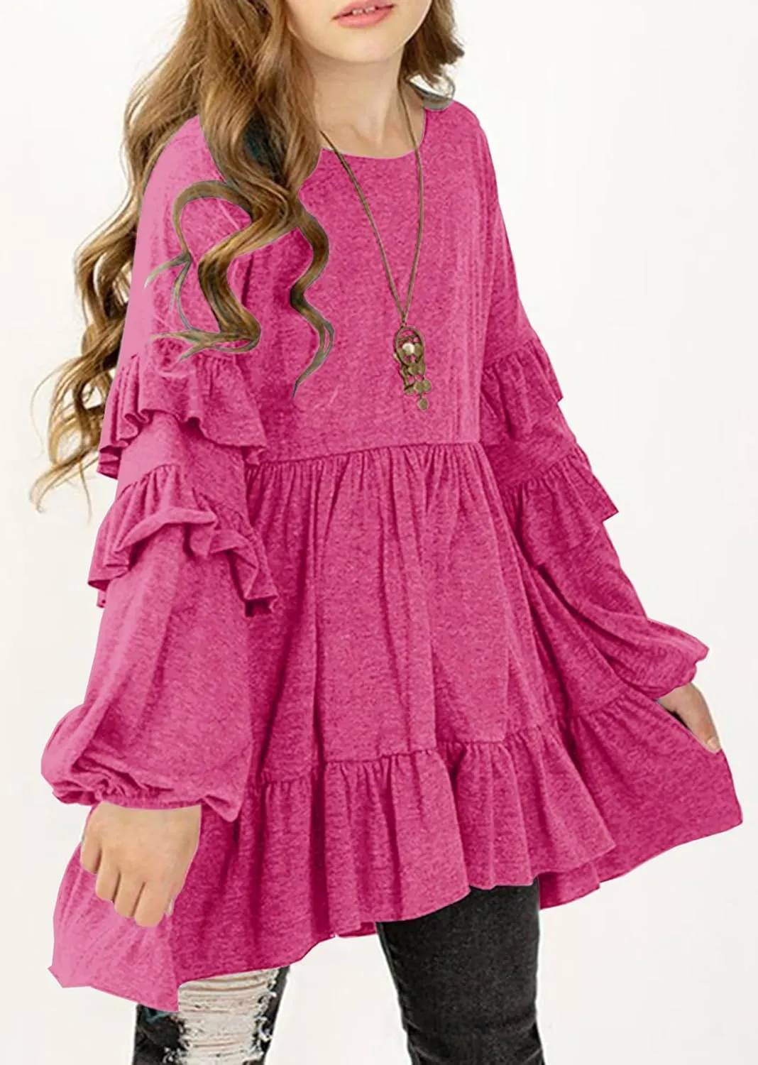 MITILLY Girls Crewneck Ruffle Long Sleeve Loose Pleated Babydoll Blouse Tops with Pockets