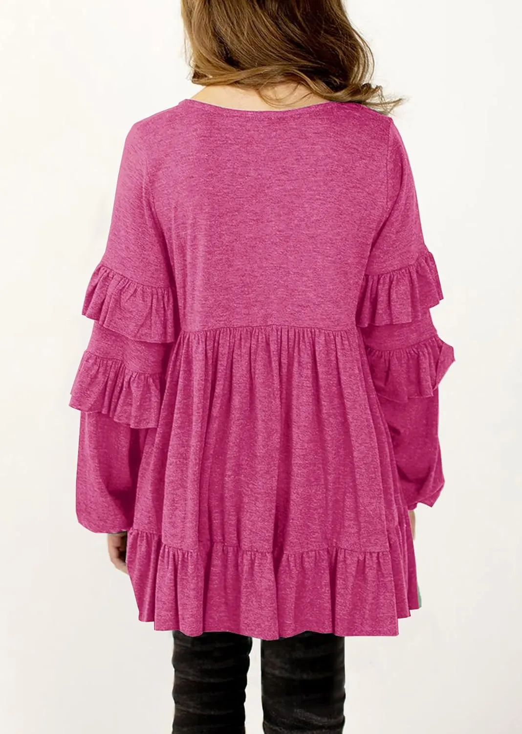 MITILLY Girls Crewneck Ruffle Long Sleeve Loose Pleated Babydoll Blouse Tops with Pockets