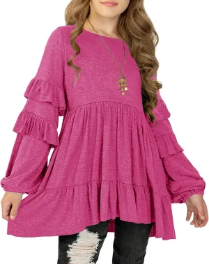 MITILLY Girls Crewneck Ruffle Long Sleeve Loose Pleated Babydoll Blouse Tops with Pockets