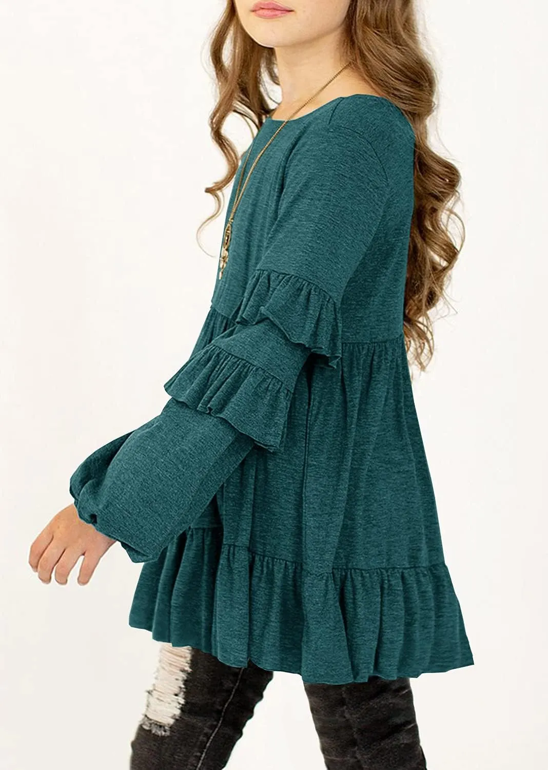 MITILLY Girls Crewneck Ruffle Long Sleeve Loose Pleated Babydoll Blouse Tops with Pockets