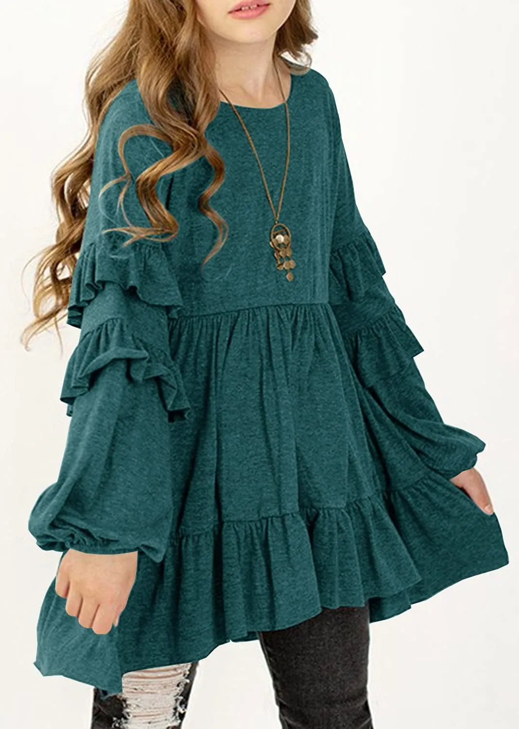 MITILLY Girls Crewneck Ruffle Long Sleeve Loose Pleated Babydoll Blouse Tops with Pockets