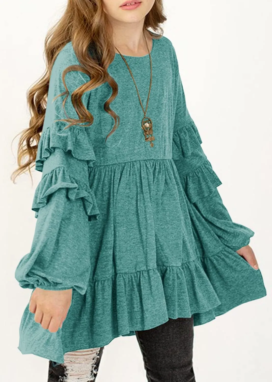 MITILLY Girls Crewneck Ruffle Long Sleeve Loose Pleated Babydoll Blouse Tops with Pockets