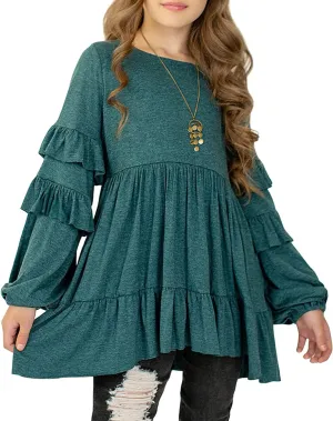 MITILLY Girls Crewneck Ruffle Long Sleeve Loose Pleated Babydoll Blouse Tops with Pockets