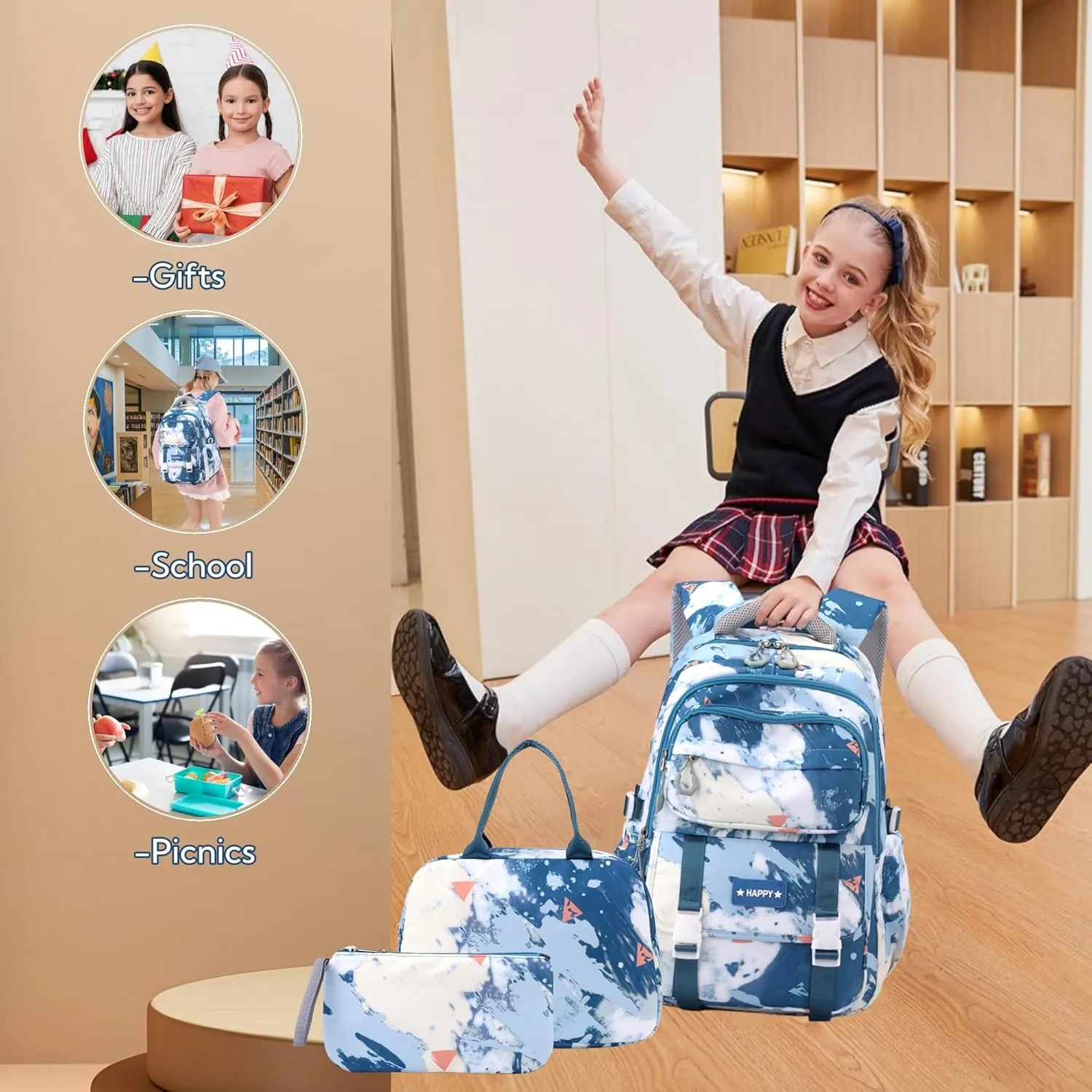 MITOWERMI Kids Backpack for Girls School Bag with Lunch Box Elementary Middle High School Backpacks Students Boys Bookbag School Bags Set for Teens Girls (Blue)