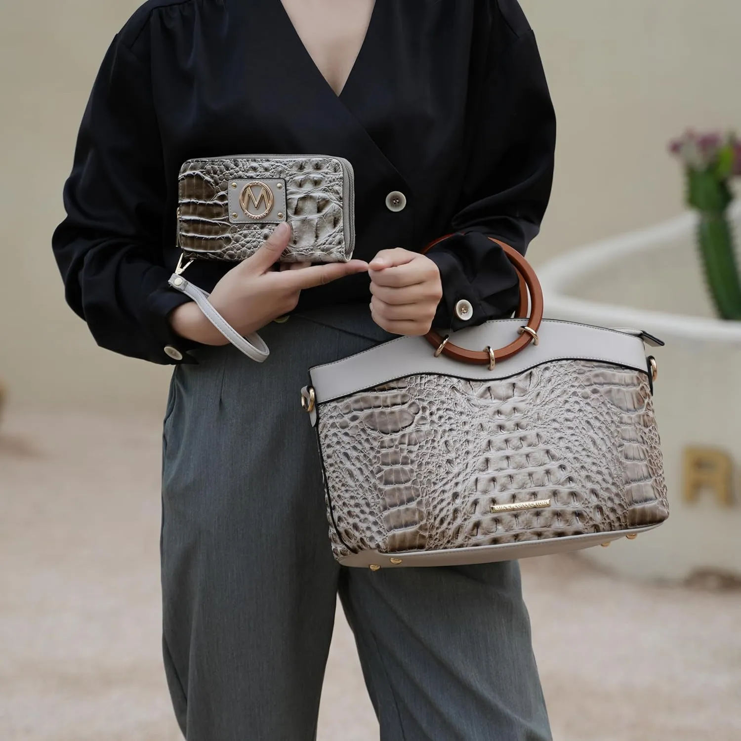 MKF Collection Croco Tote Set Bag for Women, Top Handle Ladies Shoulder Handbag With Wristlet Wallet, Ladies Fashion Purse