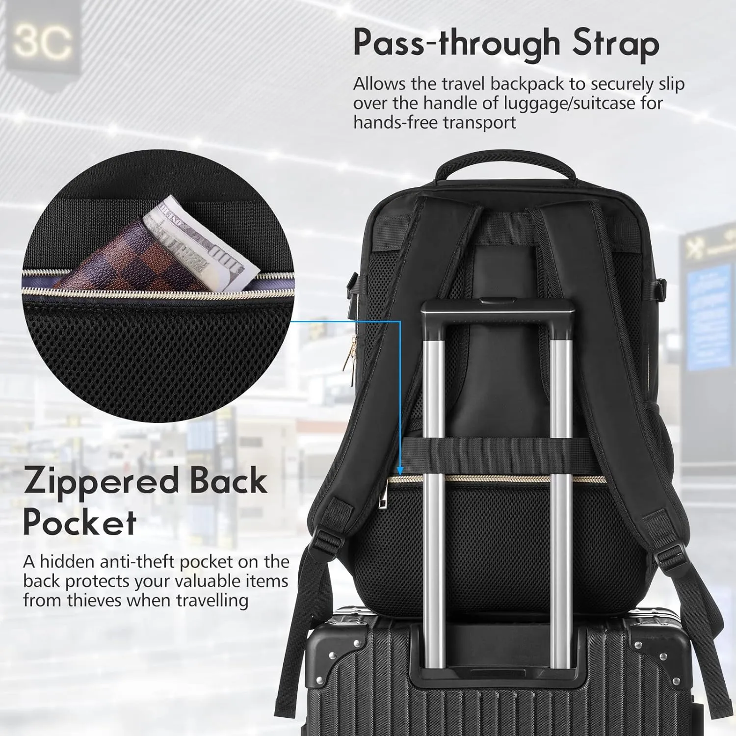 MOMUVO Large Travel Backpack Women, Flight Approved Carry On Backpack, Water Resistant Anti-Theft Casual Daypack School Bag Fit 17 Inch Laptop with USB Charging Port, Black
