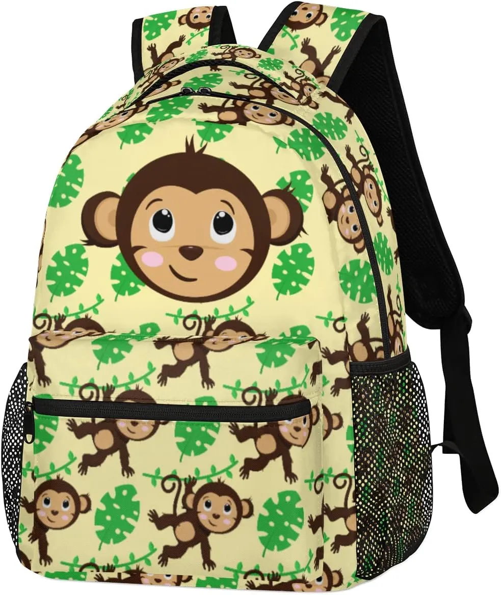 Monkey Backpack for School, Cute Monkey Palm Leaves Yellow Laptop Backpack Water Resistant Bookbag Computer Bag Travel Hiking Camping Rucksack Daypack Shoulder Bag for Teenager Boys Girls Kids