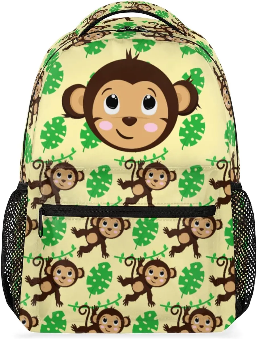 Monkey Backpack for School, Cute Monkey Palm Leaves Yellow Laptop Backpack Water Resistant Bookbag Computer Bag Travel Hiking Camping Rucksack Daypack Shoulder Bag for Teenager Boys Girls Kids