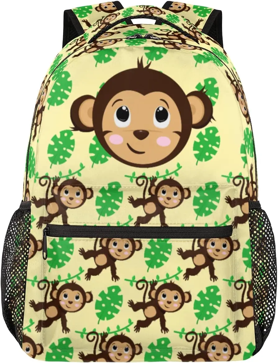 Monkey Backpack for School, Cute Monkey Palm Leaves Yellow Laptop Backpack Water Resistant Bookbag Computer Bag Travel Hiking Camping Rucksack Daypack Shoulder Bag for Teenager Boys Girls Kids