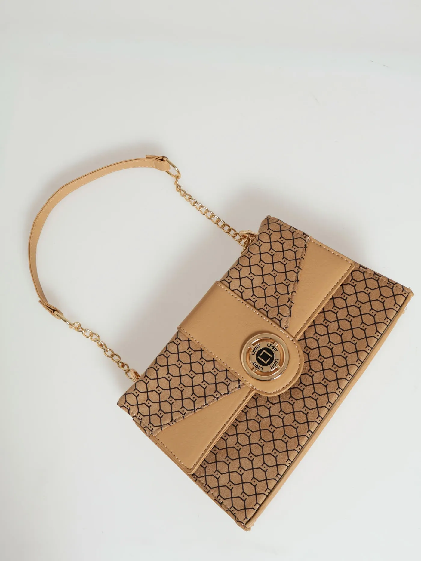 Monogram Round Metal Trim Satchel Bag - Beige