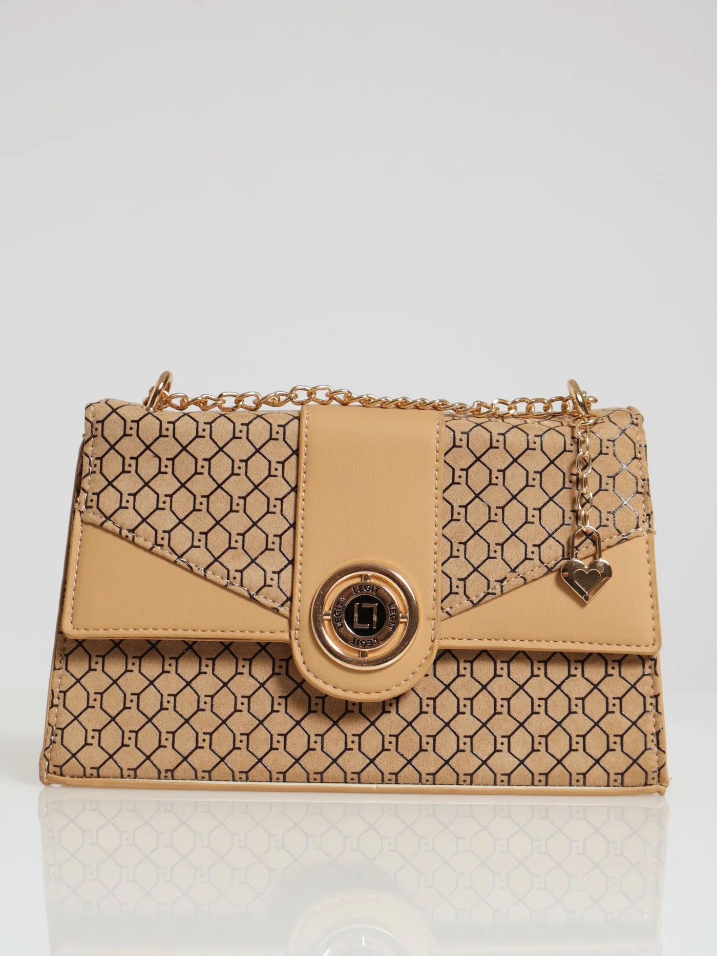 Monogram Round Metal Trim Satchel Bag - Beige