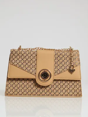 Monogram Round Metal Trim Satchel Bag - Beige