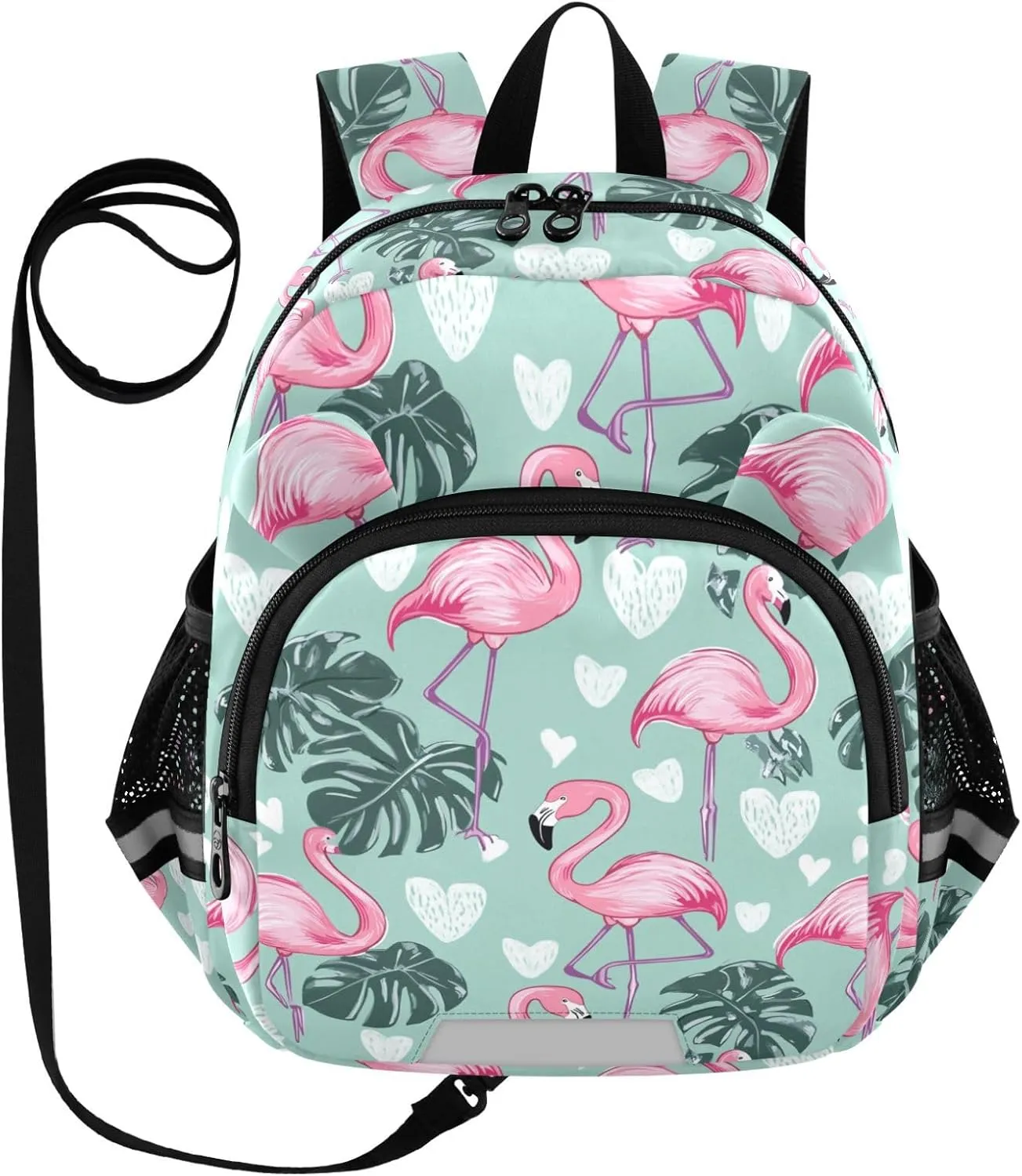 Monstera Leaf Preschool Backpack Flamingo Daycare Bookbag School Backpack with Traction Rope for Kids 3-6