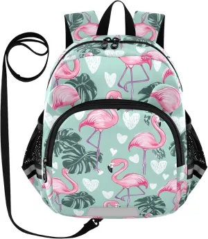 Monstera Leaf Preschool Backpack Flamingo Daycare Bookbag School Backpack with Traction Rope for Kids 3-6