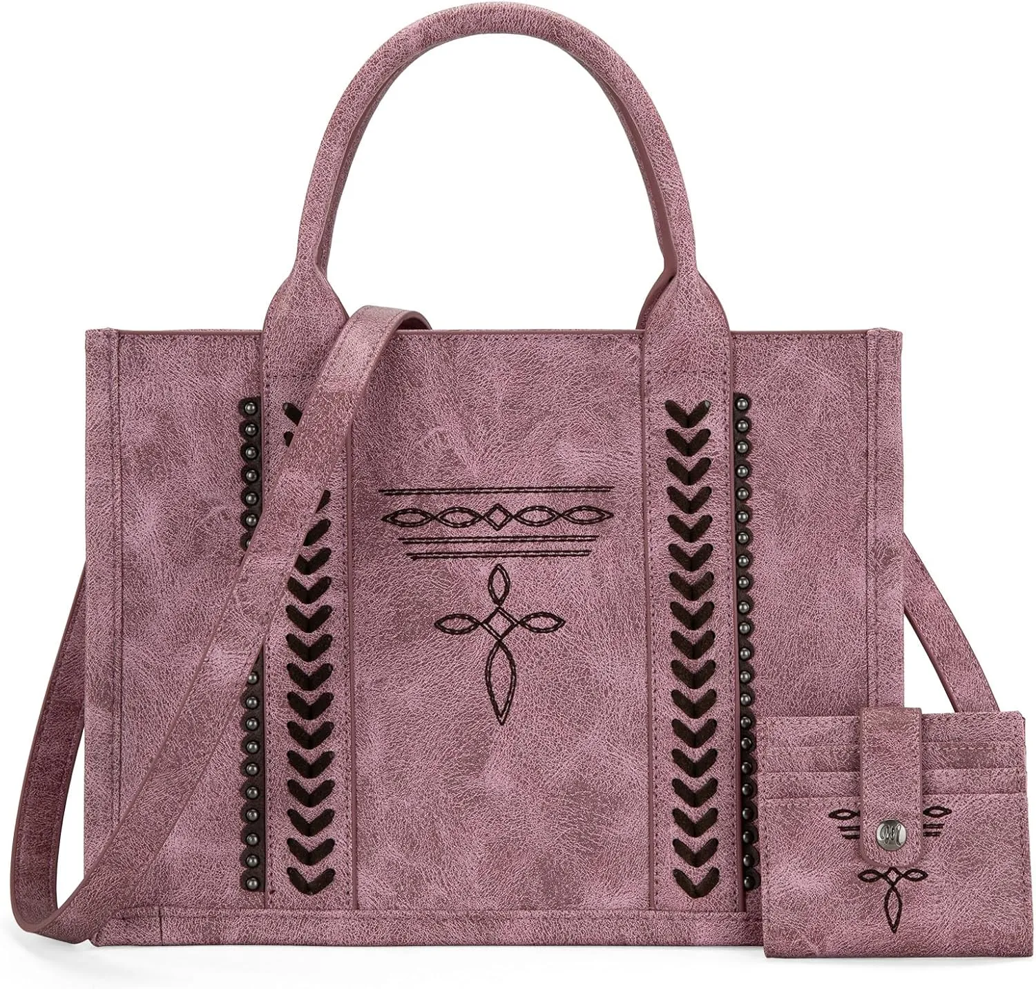 Montana West Longhorn Whipstitch Western Top Handle Tote Bag with Card Wallet Set