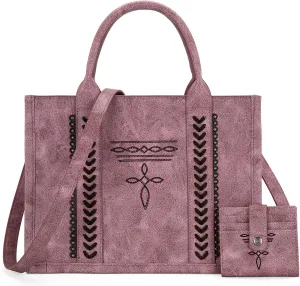 Montana West Longhorn Whipstitch Western Top Handle Tote Bag with Card Wallet Set