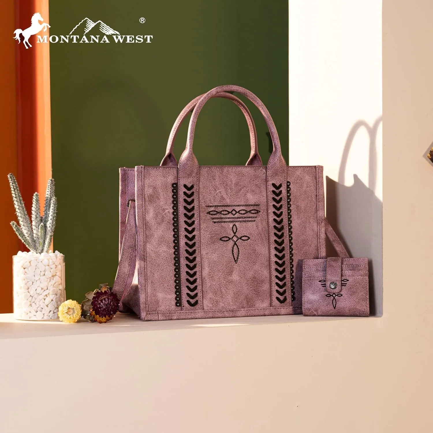 Montana West Longhorn Whipstitch Western Top Handle Tote Bag with Card Wallet Set