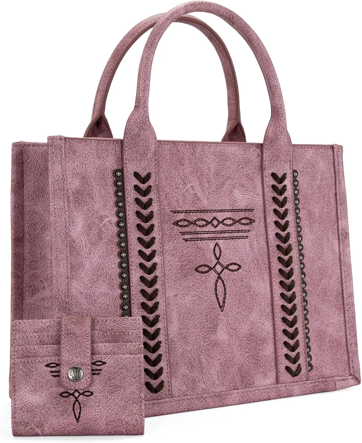 Montana West Longhorn Whipstitch Western Top Handle Tote Bag with Card Wallet Set