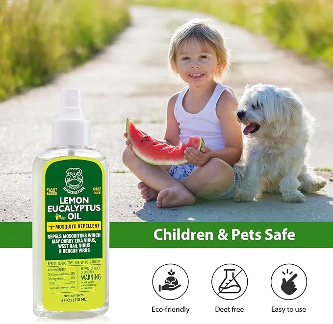 Mosquito Repellent Spray for Body 4 Fl Oz Lemon Eucalyptus Essential Oil Insect Bug Spray Natural DEET Free Anti Mosquito Tick Gnat Fly Control for Outdoor Patio Camping Hiking Travel (1PC)