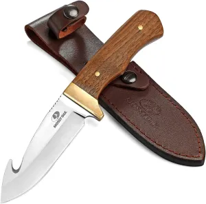 Mossy Oak Fixed Blade Gut Hook Knife, 9.5-inch Full Tang Field Processing Knife - Wooden Handle, Leather Sheath Included, for Skinning, Hunting, Outdoors