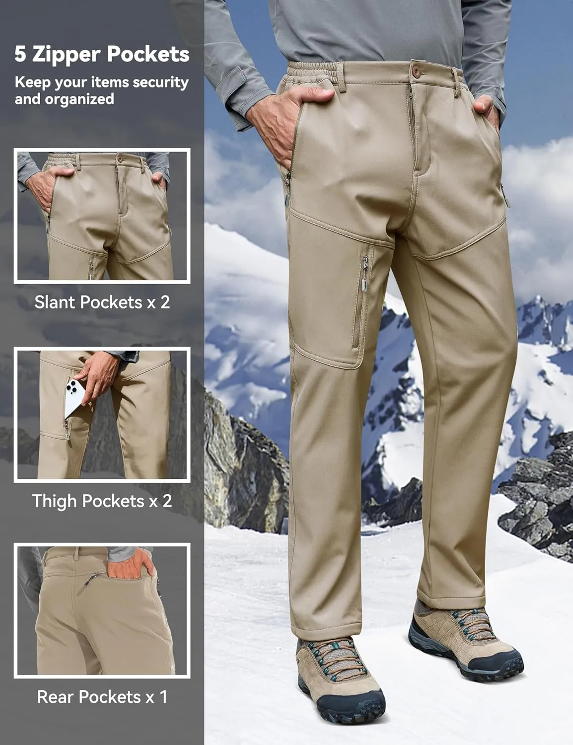 MOURCE Fleece Lined Hiking Pants Men - Waterproof Softshell Outdoor Ski Snow Cargo Pants with Zipper Pockets