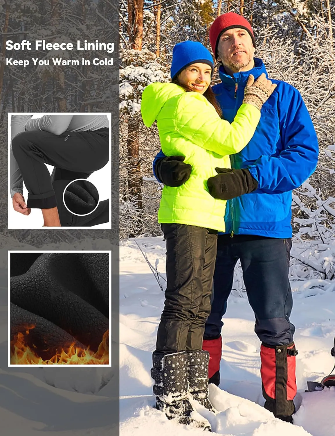 MOURCE Fleece Lined Hiking Pants Men - Waterproof Softshell Outdoor Ski Snow Cargo Pants with Zipper Pockets