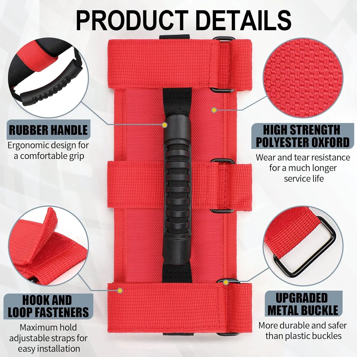 moveland Grab Handles Compatible with Jeep Wrangler Roll Bars (2 Pack), Easy-to-Fit 3 Straps Design for 1955-2023 Models (RED)