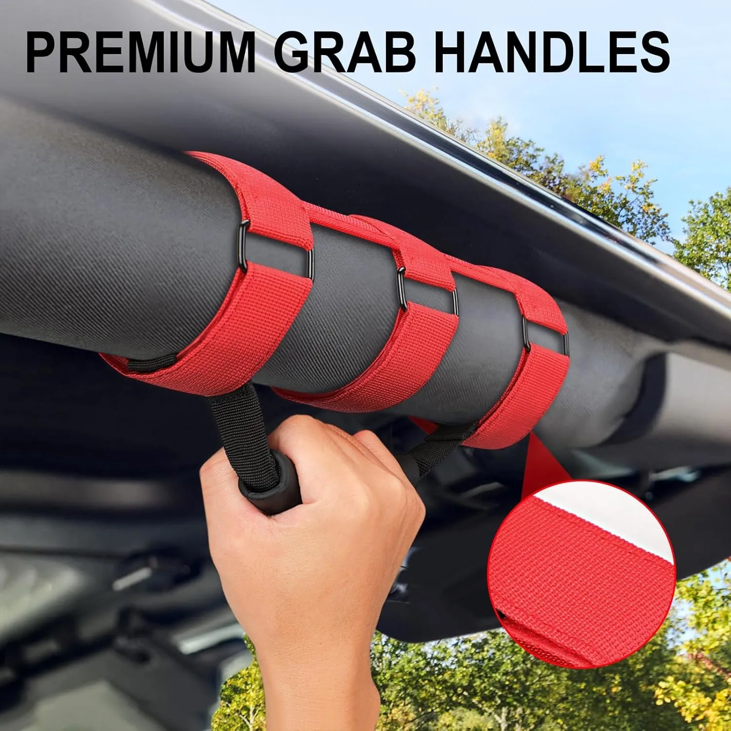 moveland Grab Handles Compatible with Jeep Wrangler Roll Bars (2 Pack), Easy-to-Fit 3 Straps Design for 1955-2023 Models (RED)