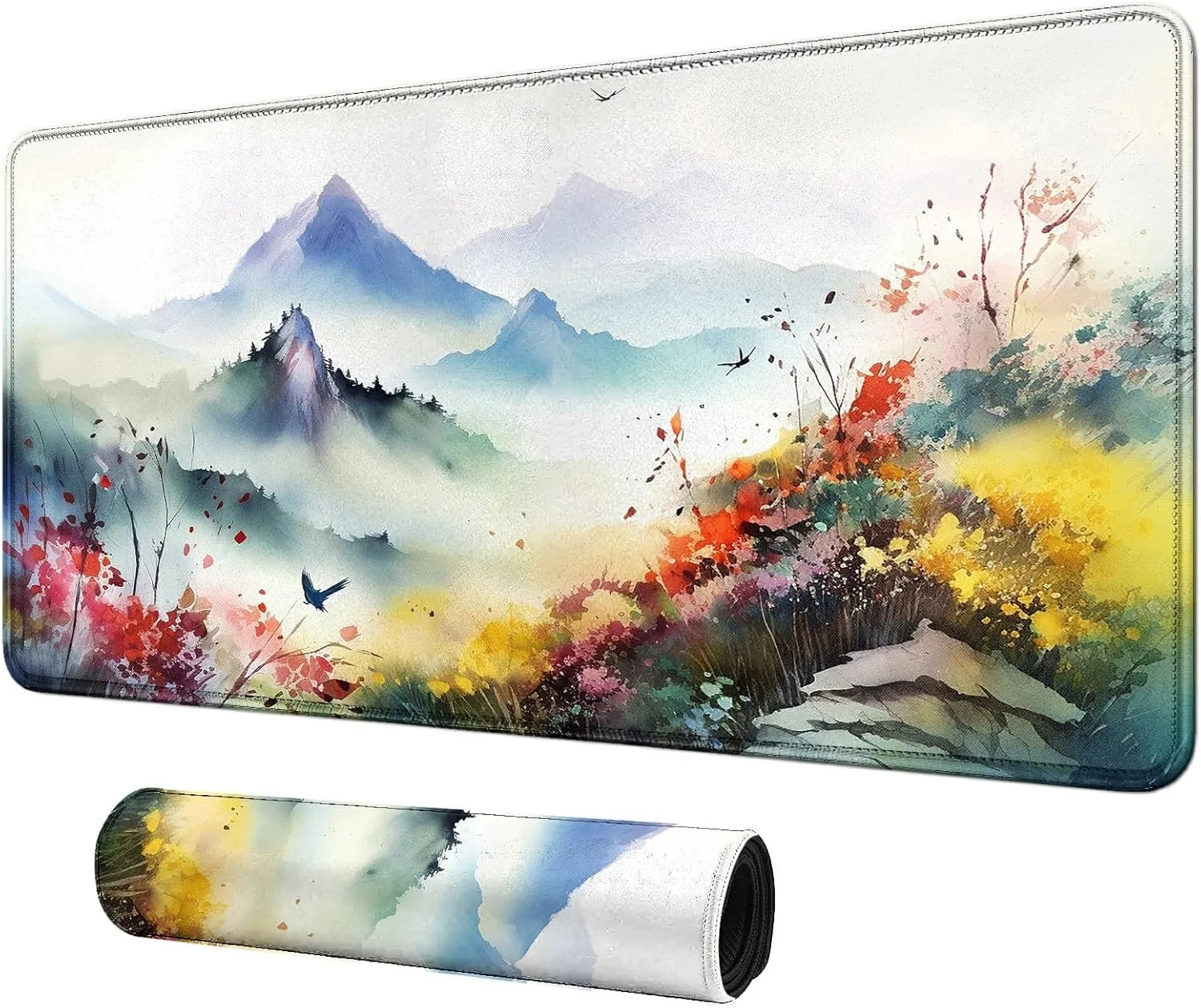 MTG & TCG Playmat, 24" x 14" Game Mat for Table, Perfect for Card Games, Watercolor Mountains Flowers