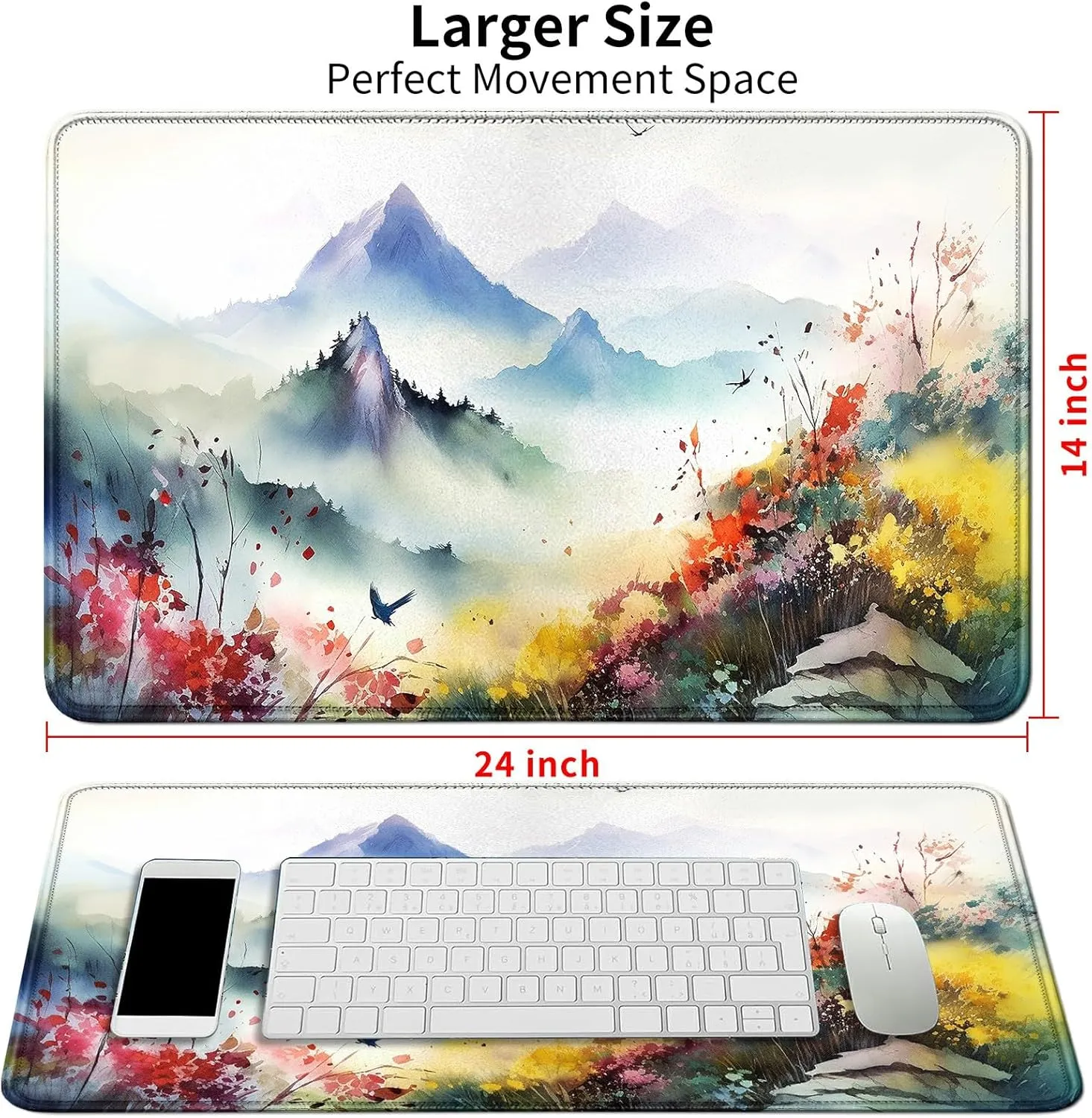 MTG & TCG Playmat, 24" x 14" Game Mat for Table, Perfect for Card Games, Watercolor Mountains Flowers