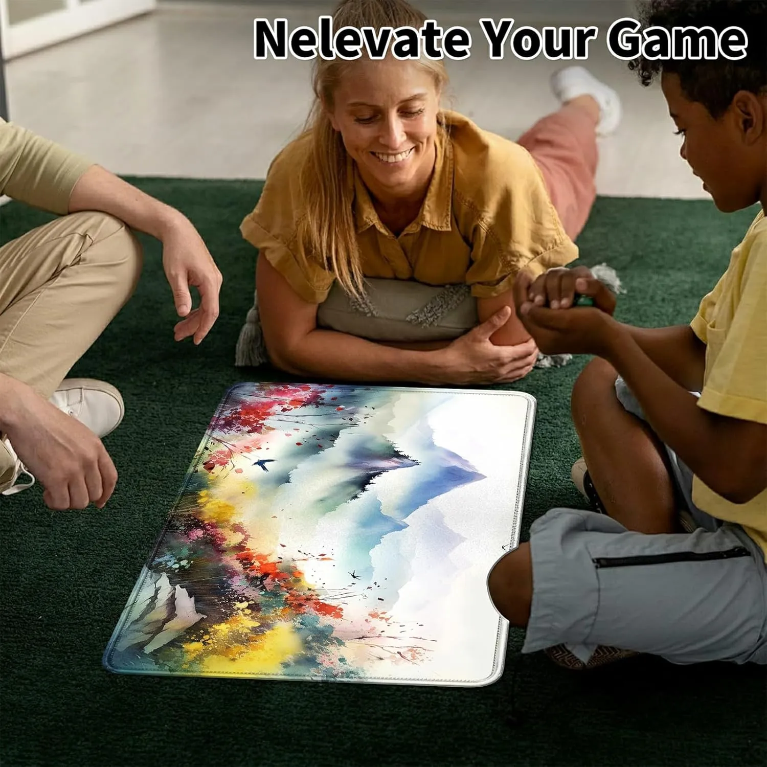 MTG & TCG Playmat, 24" x 14" Game Mat for Table, Perfect for Card Games, Watercolor Mountains Flowers