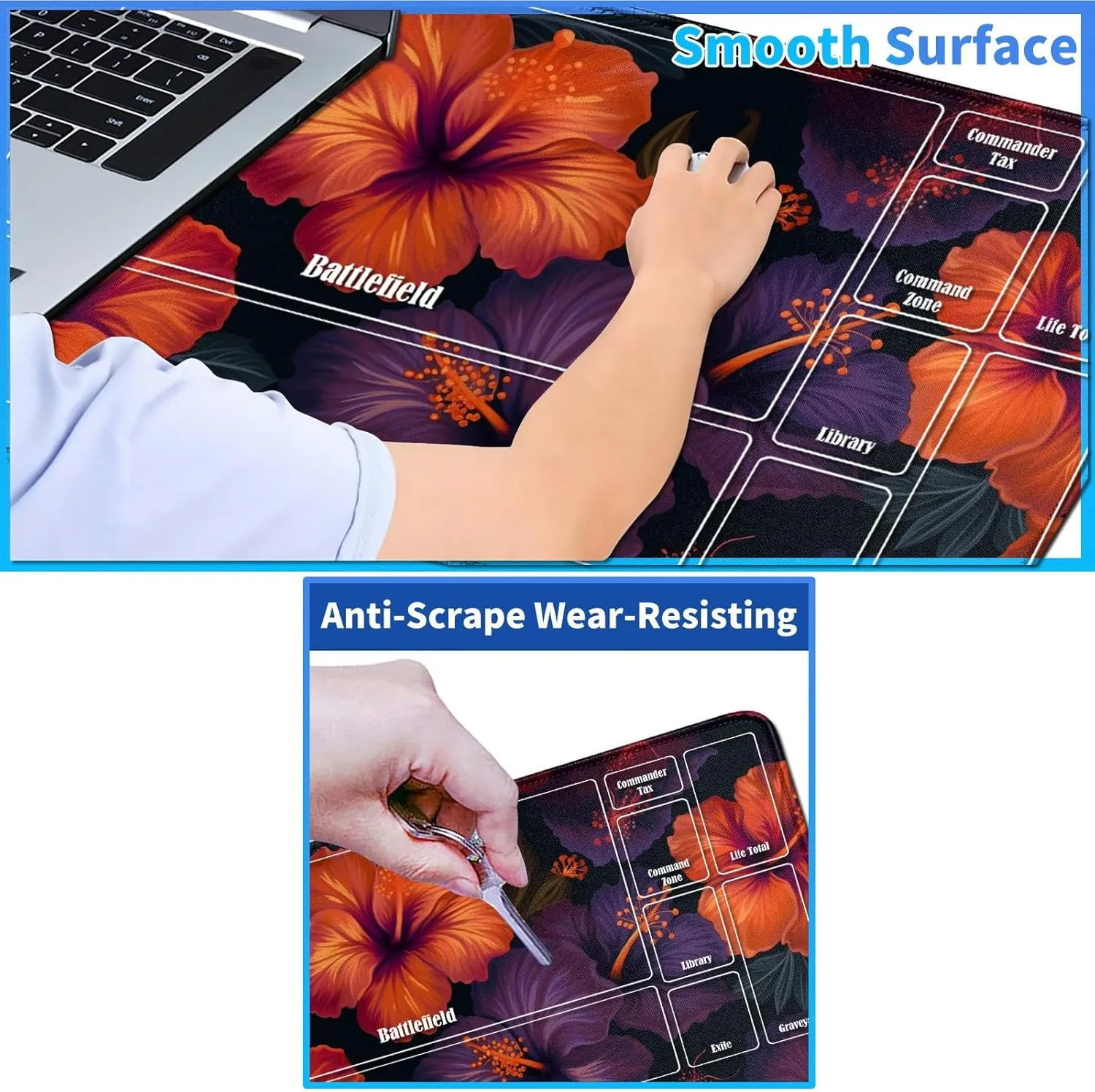 MTG Playmats 24" x 14" & Blue Card Deck Box Set, Card Playmat Stitched with Magic Zones Commander Deck Gaming Desk Mat Gameplay Pad for MTG TCG Trading Card, Colorful Flowers