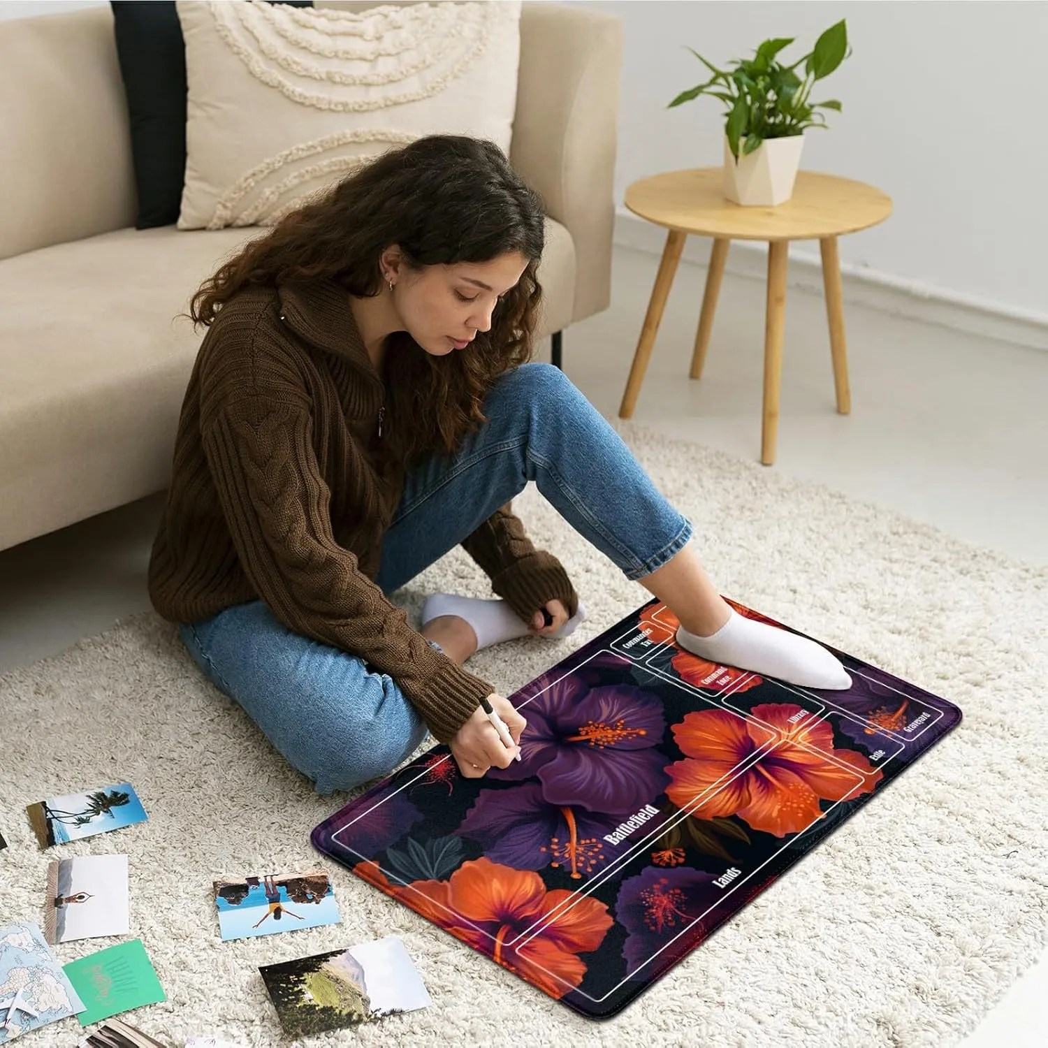 MTG Playmats 24" x 14" & Blue Card Deck Box Set, Card Playmat Stitched with Magic Zones Commander Deck Gaming Desk Mat Gameplay Pad for MTG TCG Trading Card, Colorful Flowers