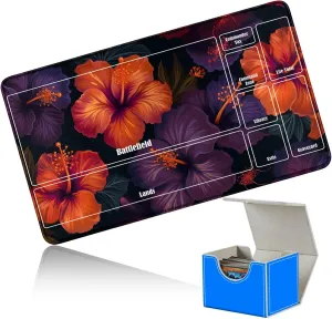 MTG Playmats 24" x 14" & Blue Card Deck Box Set, Card Playmat Stitched with Magic Zones Commander Deck Gaming Desk Mat Gameplay Pad for MTG TCG Trading Card, Colorful Flowers