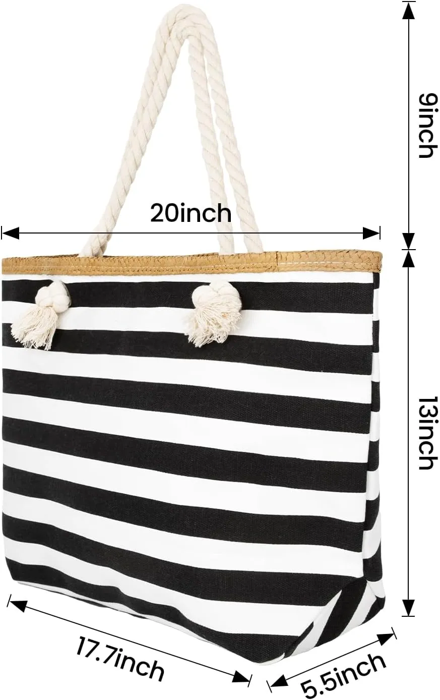 Muka Women Canvas Tote Shoulder Beach Bag with Top Zipper Closure and Rope Handles for Travel, Shopping