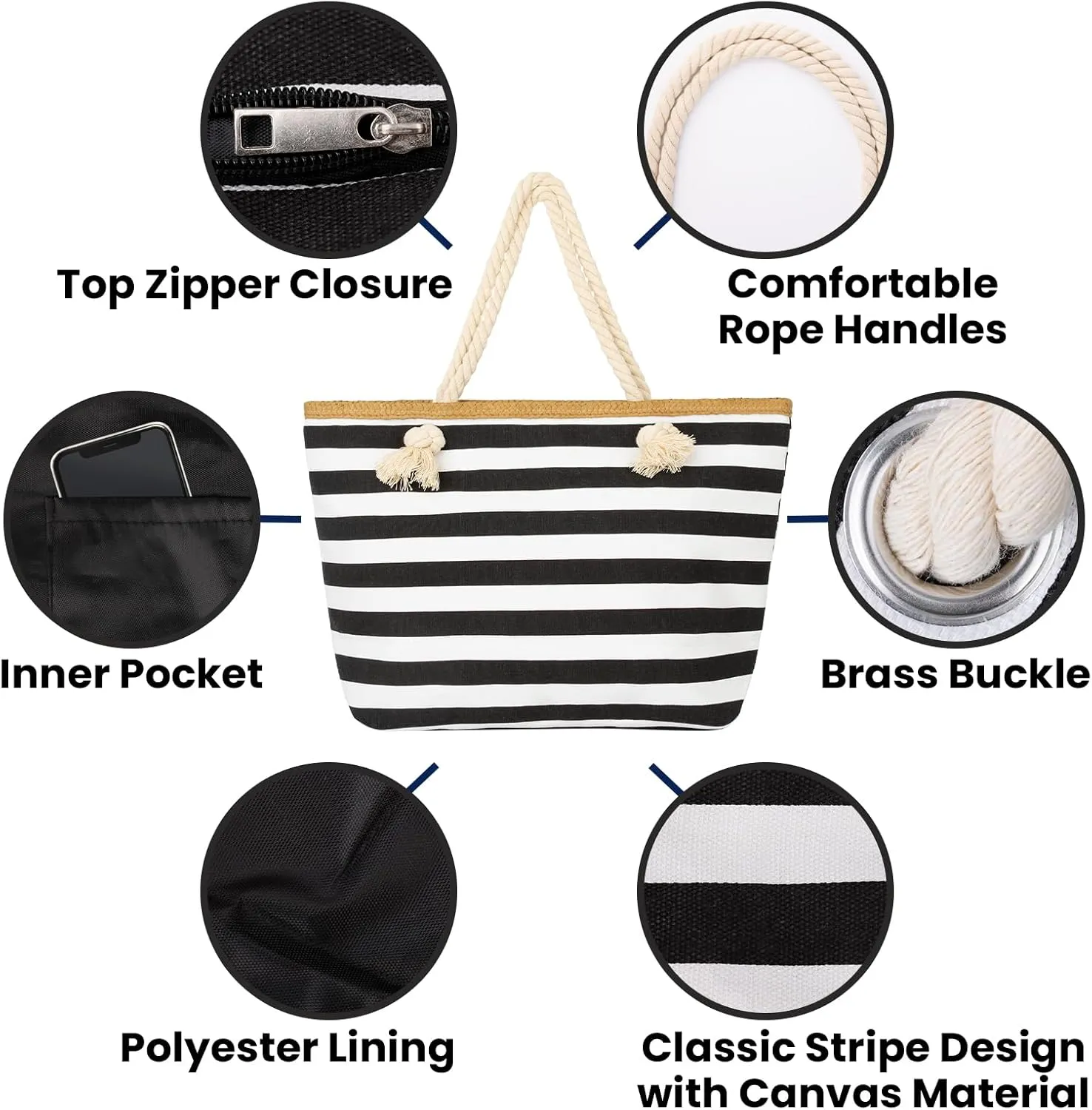 Muka Women Canvas Tote Shoulder Beach Bag with Top Zipper Closure and Rope Handles for Travel, Shopping