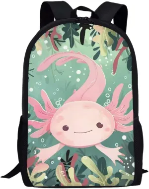 Mumeson Unisex Backpacks for Travel School, Axolotl Backpack Rucksack Multi-function School Bag for Elementary School Daypack with Mesh Side Pockets