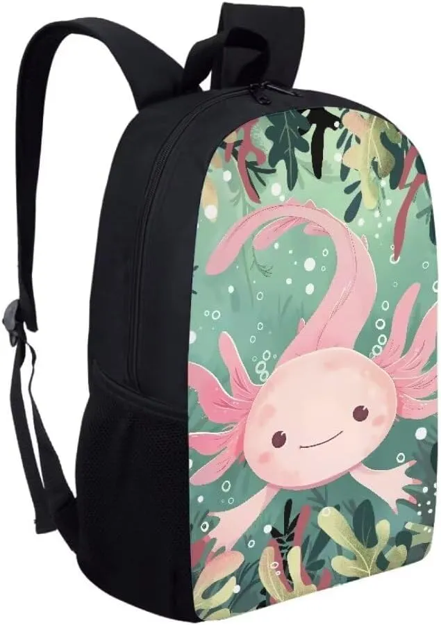 Mumeson Unisex Backpacks for Travel School, Axolotl Backpack Rucksack Multi-function School Bag for Elementary School Daypack with Mesh Side Pockets