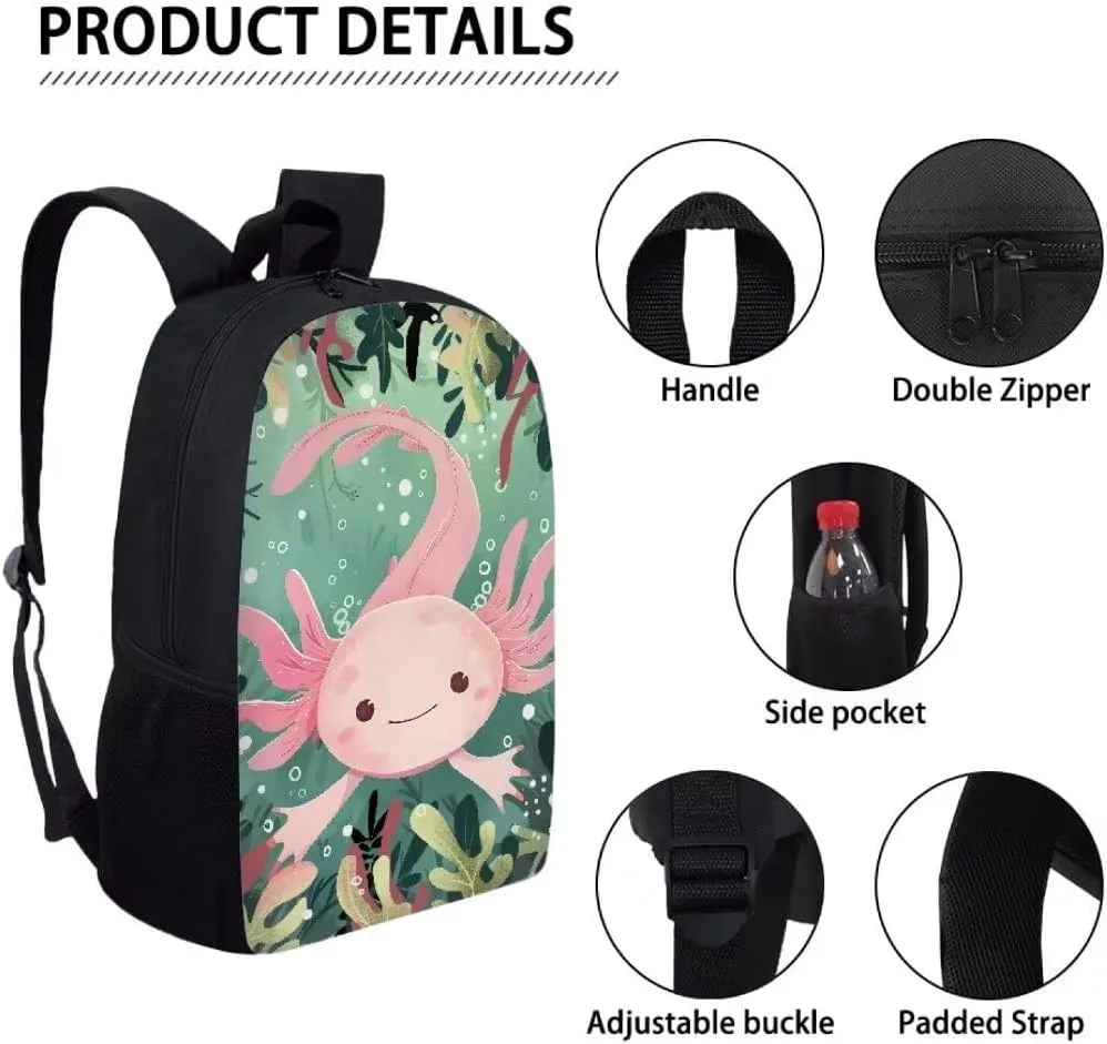 Mumeson Unisex Backpacks for Travel School, Axolotl Backpack Rucksack Multi-function School Bag for Elementary School Daypack with Mesh Side Pockets