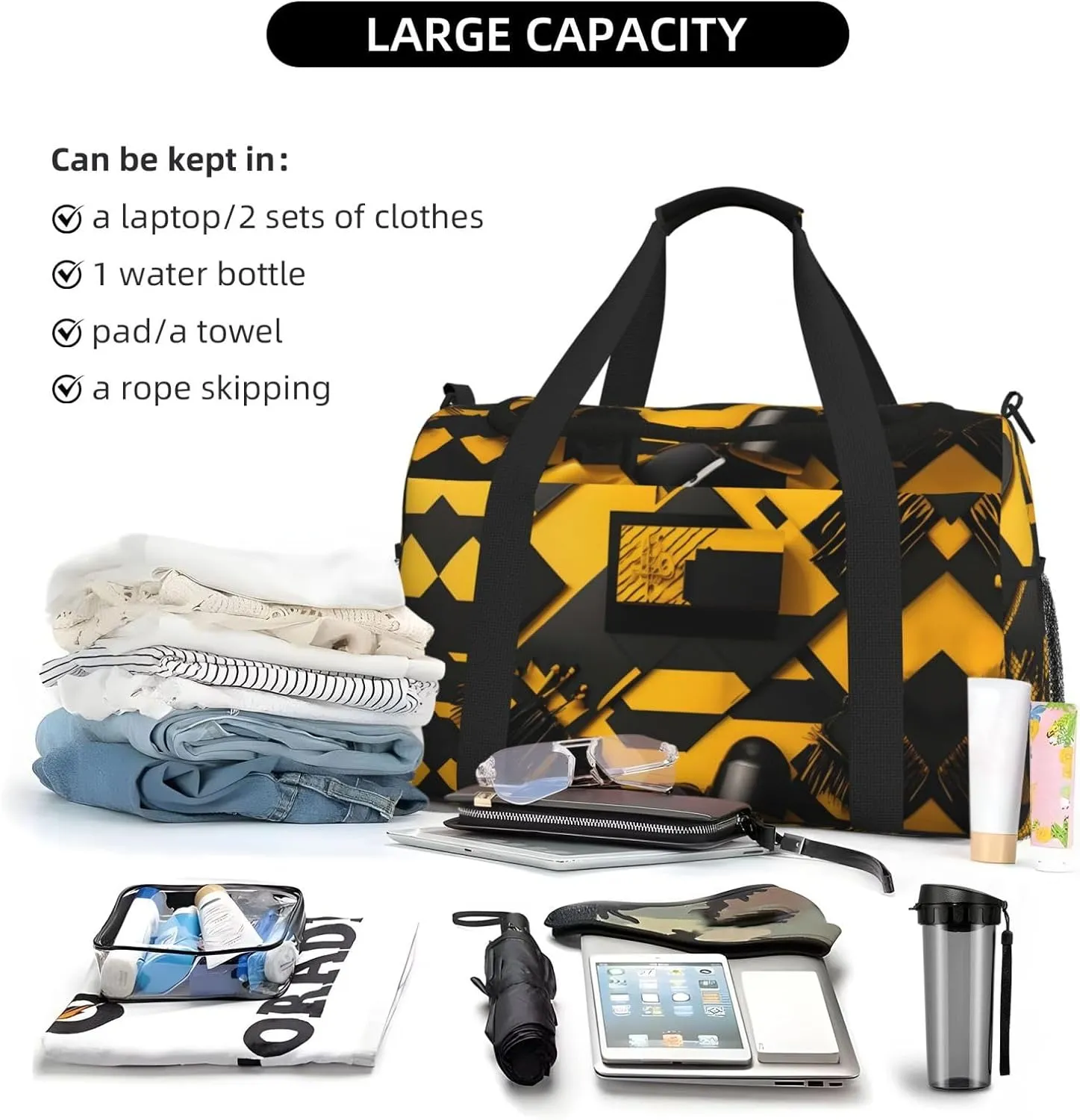 Mustard Yellow And Black Travel Duffel Bag With Zippers And Handles, Big Foldable Duffle Bag For Family Vacations