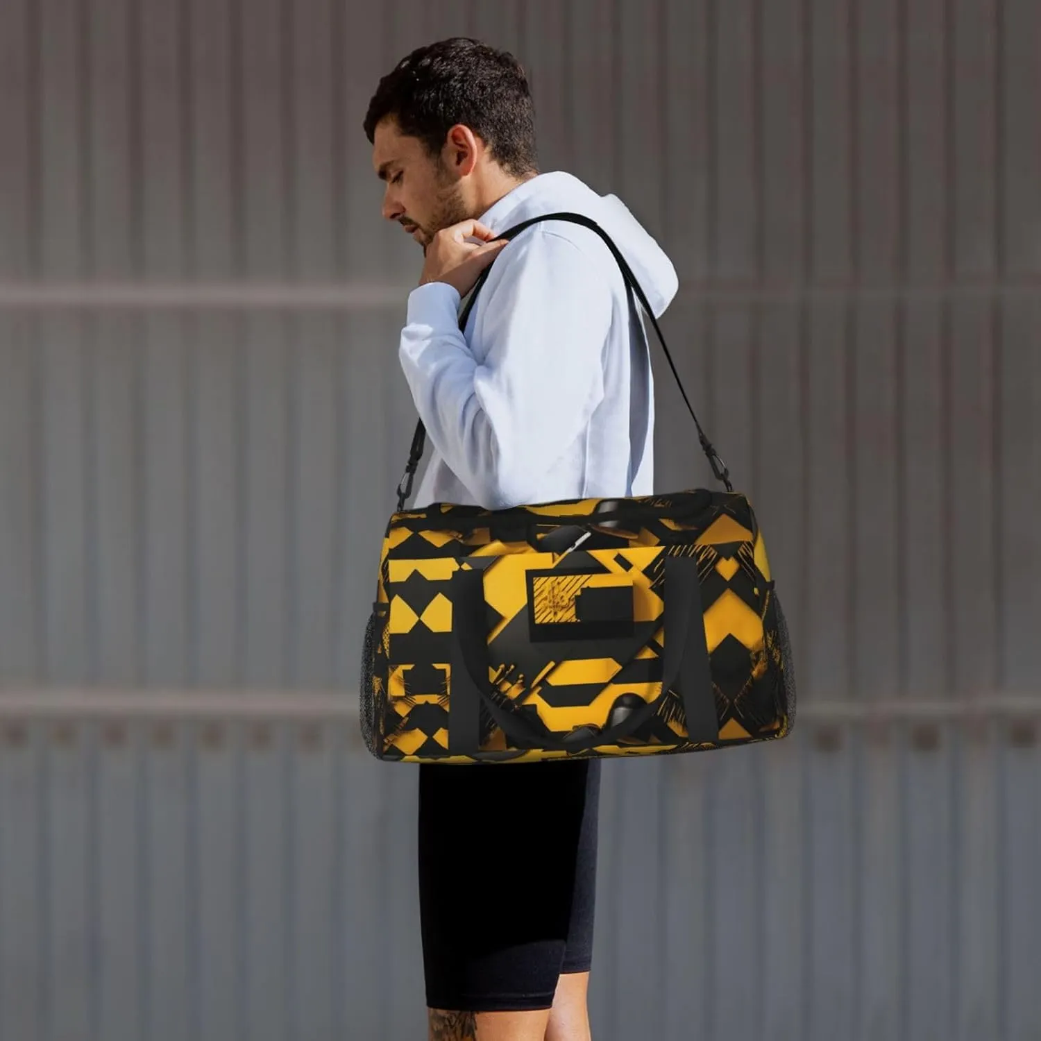 Mustard Yellow And Black Travel Duffel Bag With Zippers And Handles, Big Foldable Duffle Bag For Family Vacations