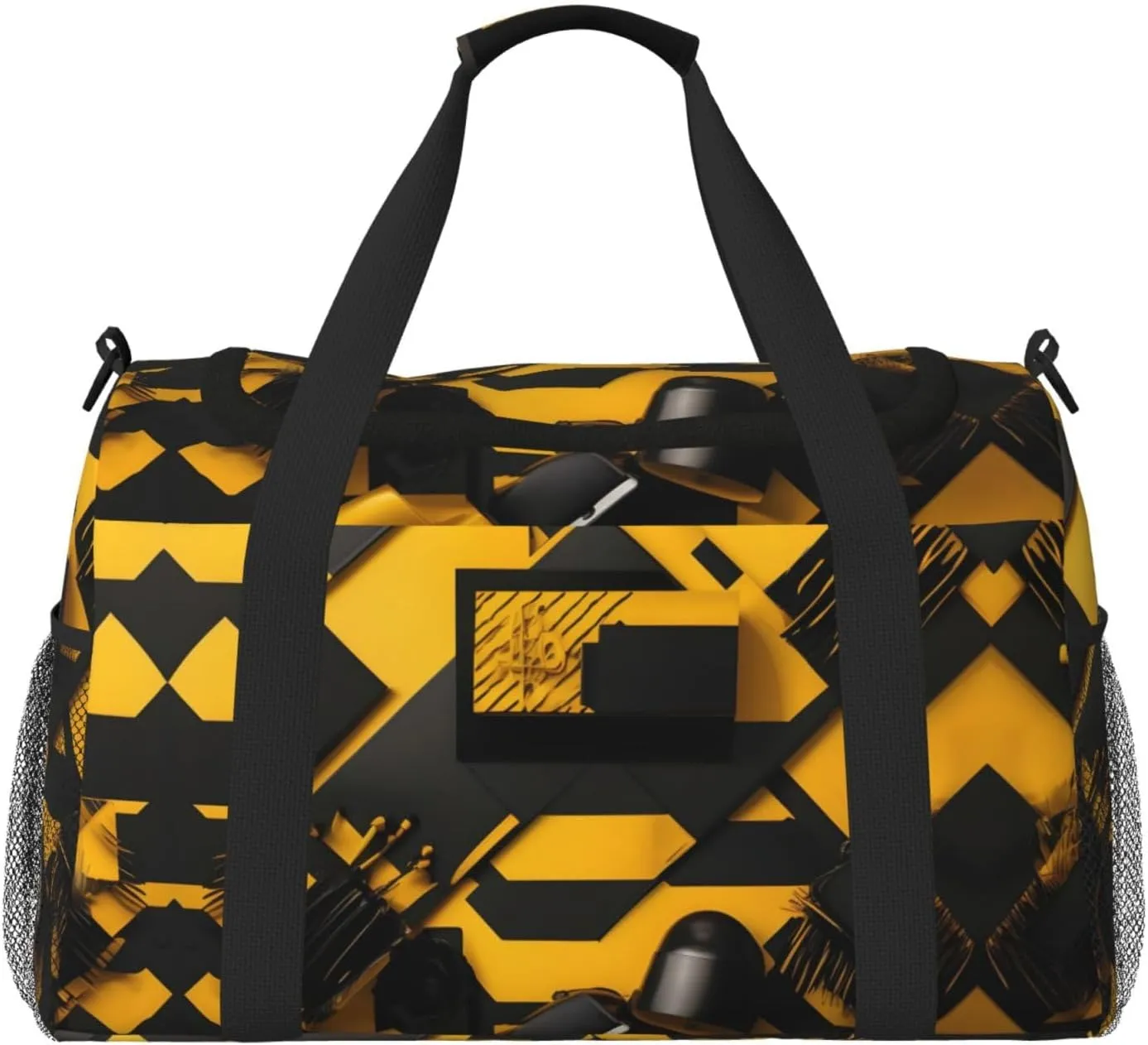 Mustard Yellow And Black Travel Duffel Bag With Zippers And Handles, Big Foldable Duffle Bag For Family Vacations