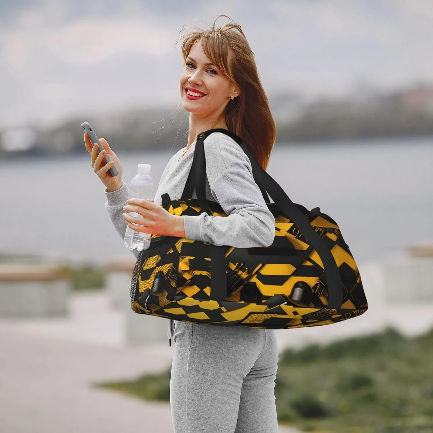 Mustard Yellow And Black Travel Duffel Bag With Zippers And Handles, Big Foldable Duffle Bag For Family Vacations