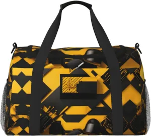 Mustard Yellow And Black Travel Duffel Bag With Zippers And Handles, Big Foldable Duffle Bag For Family Vacations