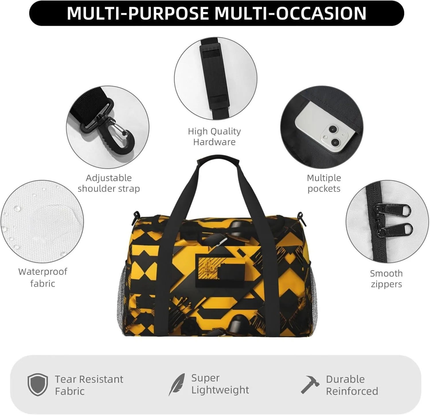 Mustard Yellow And Black Travel Duffel Bag With Zippers And Handles, Big Foldable Duffle Bag For Family Vacations