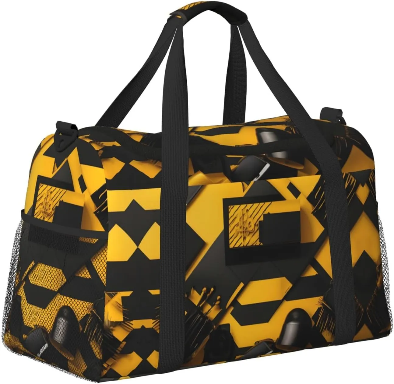 Mustard Yellow And Black Travel Duffel Bag With Zippers And Handles, Big Foldable Duffle Bag For Family Vacations