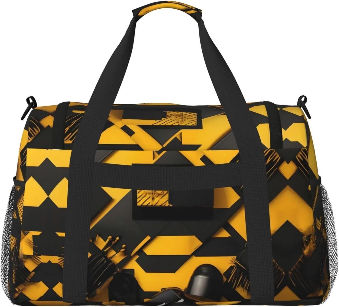 Mustard Yellow And Black Travel Duffel Bag With Zippers And Handles, Big Foldable Duffle Bag For Family Vacations