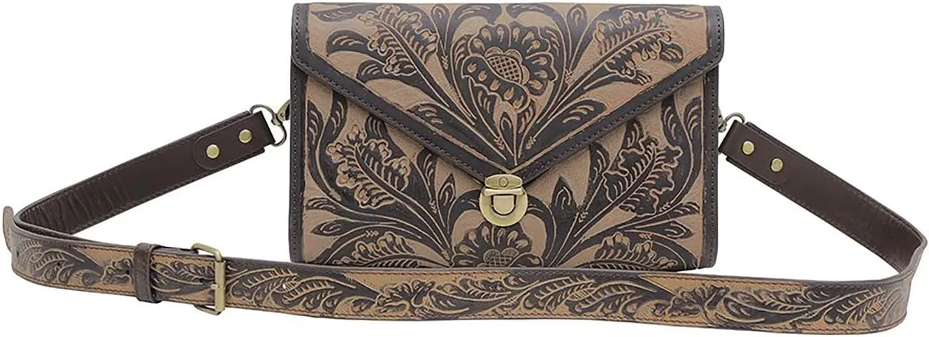 Myra Bag Western Leather Purse Bag for Women - Upcycled Canvas Hand-Tooled Shoulder Bag Lark
