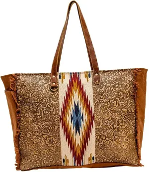 Myra Bag Western Leather Weekender Bag for Women - Cotton & Upcycled Canvas Boho Shoulder Bag Shimpza